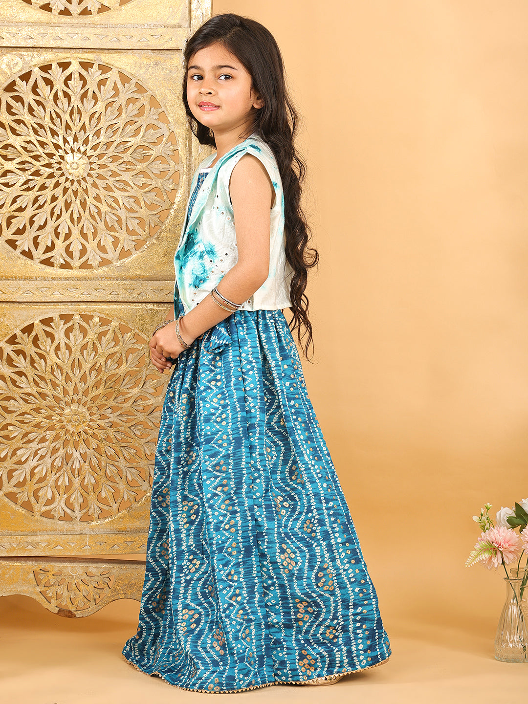 Blue bandhani  printed  sleeveless lehenga set with mirror work jacket