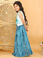Blue bandhani  printed  sleeveless lehenga set with mirror work jacket