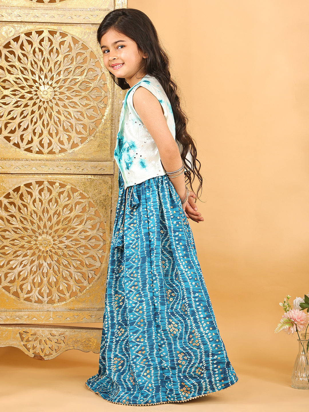 Blue bandhani  printed  sleeveless lehenga set with mirror work jacket