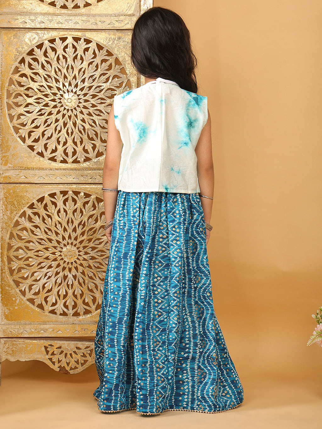 Blue bandhani  printed  sleeveless lehenga set with mirror work jacket
