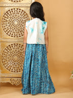 Blue bandhani  printed  sleeveless lehenga set with mirror work jacket