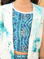 Blue bandhani  printed  sleeveless lehenga set with mirror work jacket