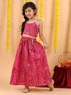 Pink bandhani  printed  sleeveless lehenga set