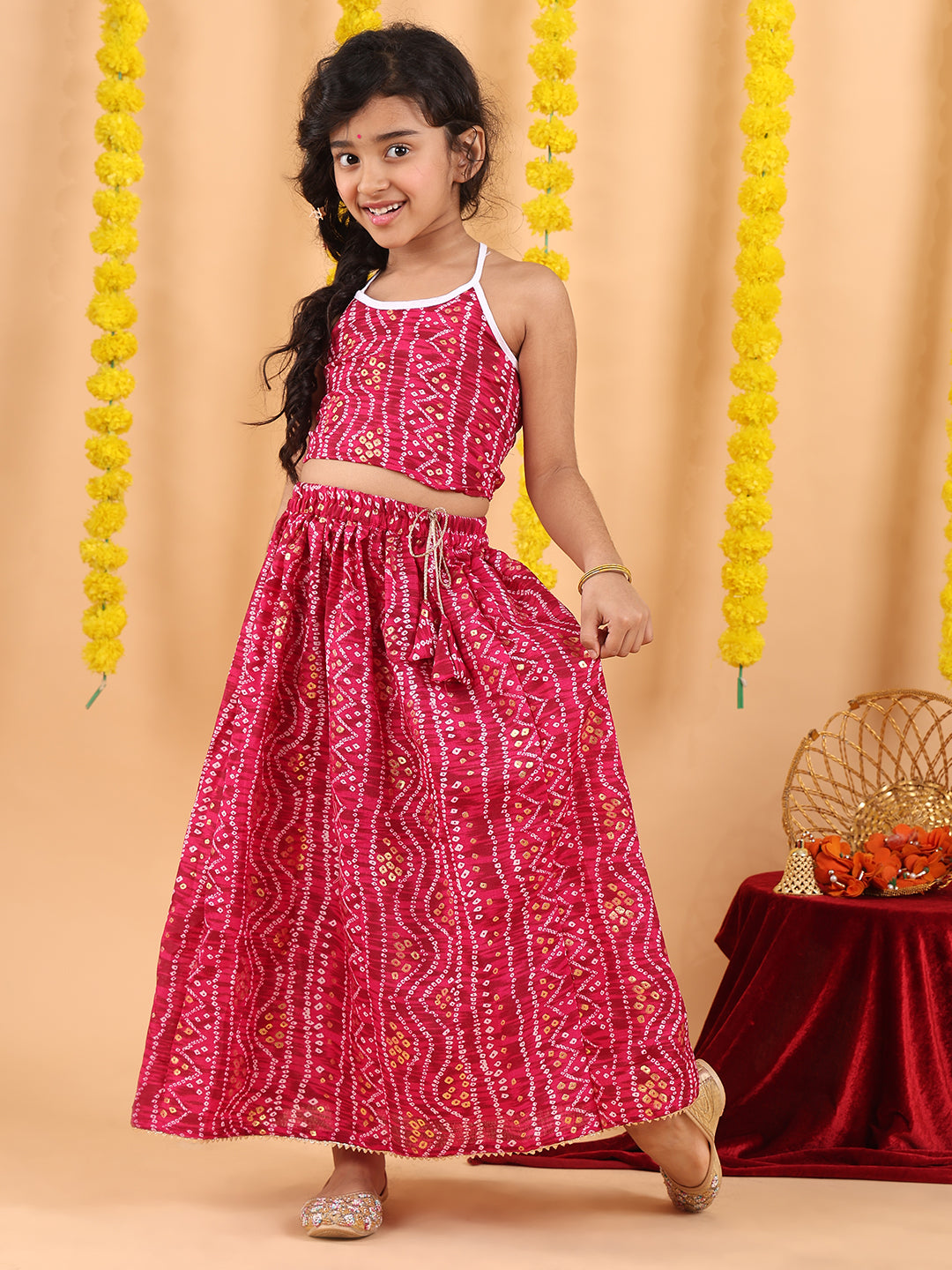 Pink bandhani  printed  sleeveless lehenga set