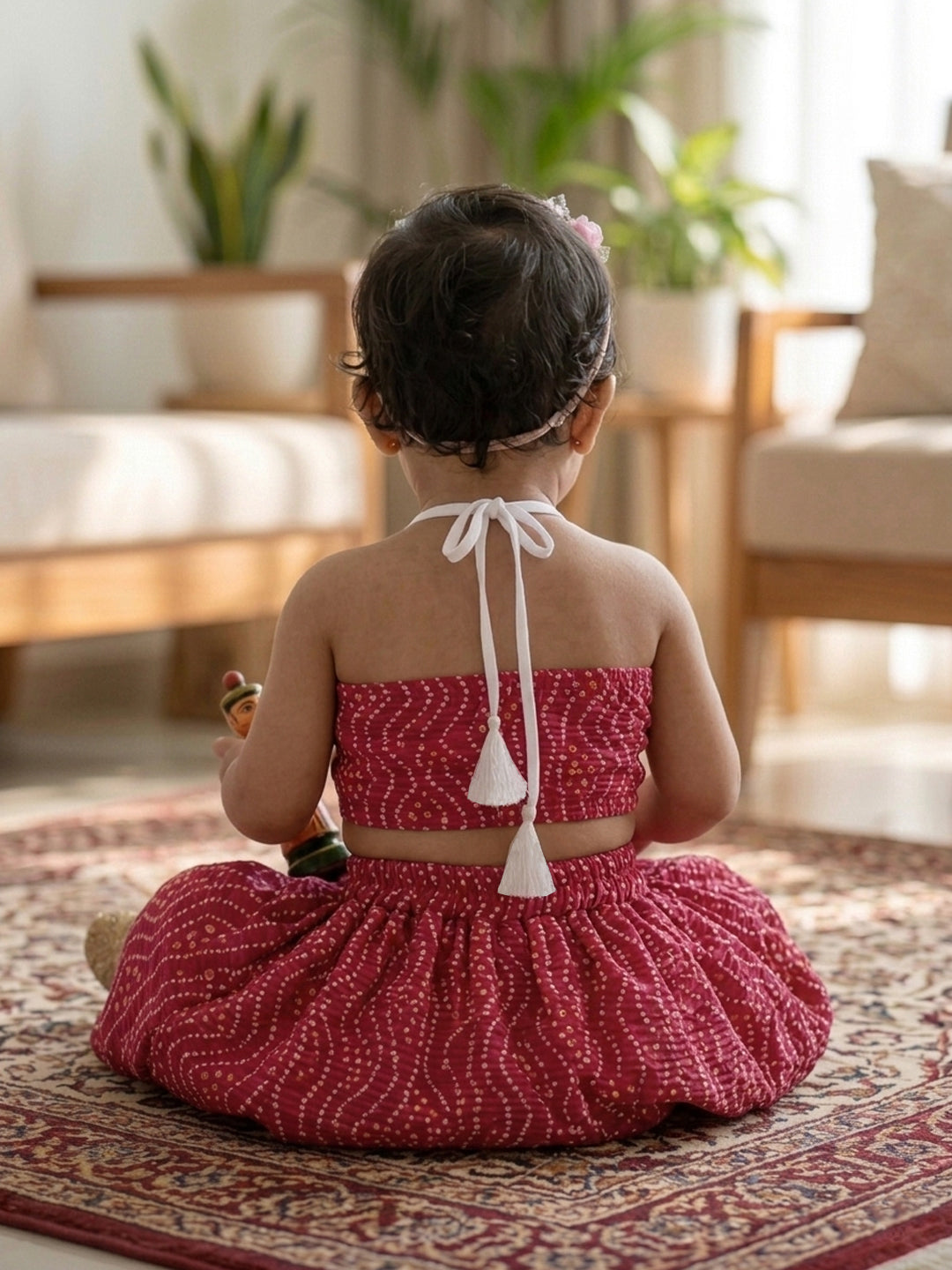 Pink bandhani  printed  sleeveless lehenga set