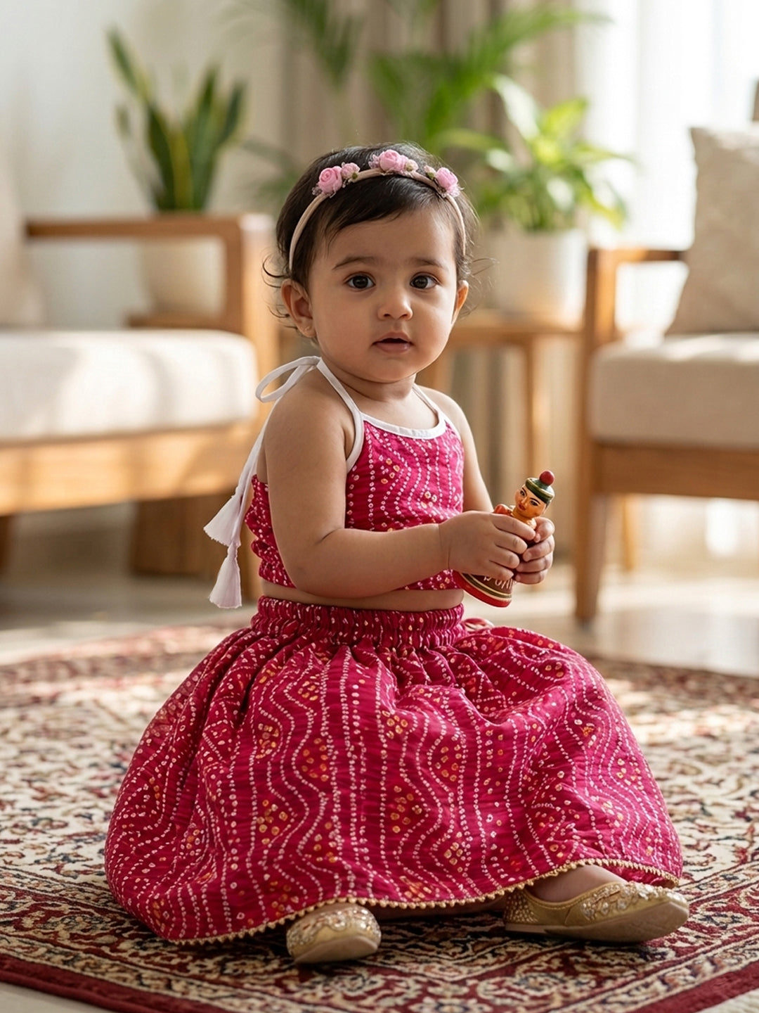 Pink bandhani  printed  sleeveless lehenga set