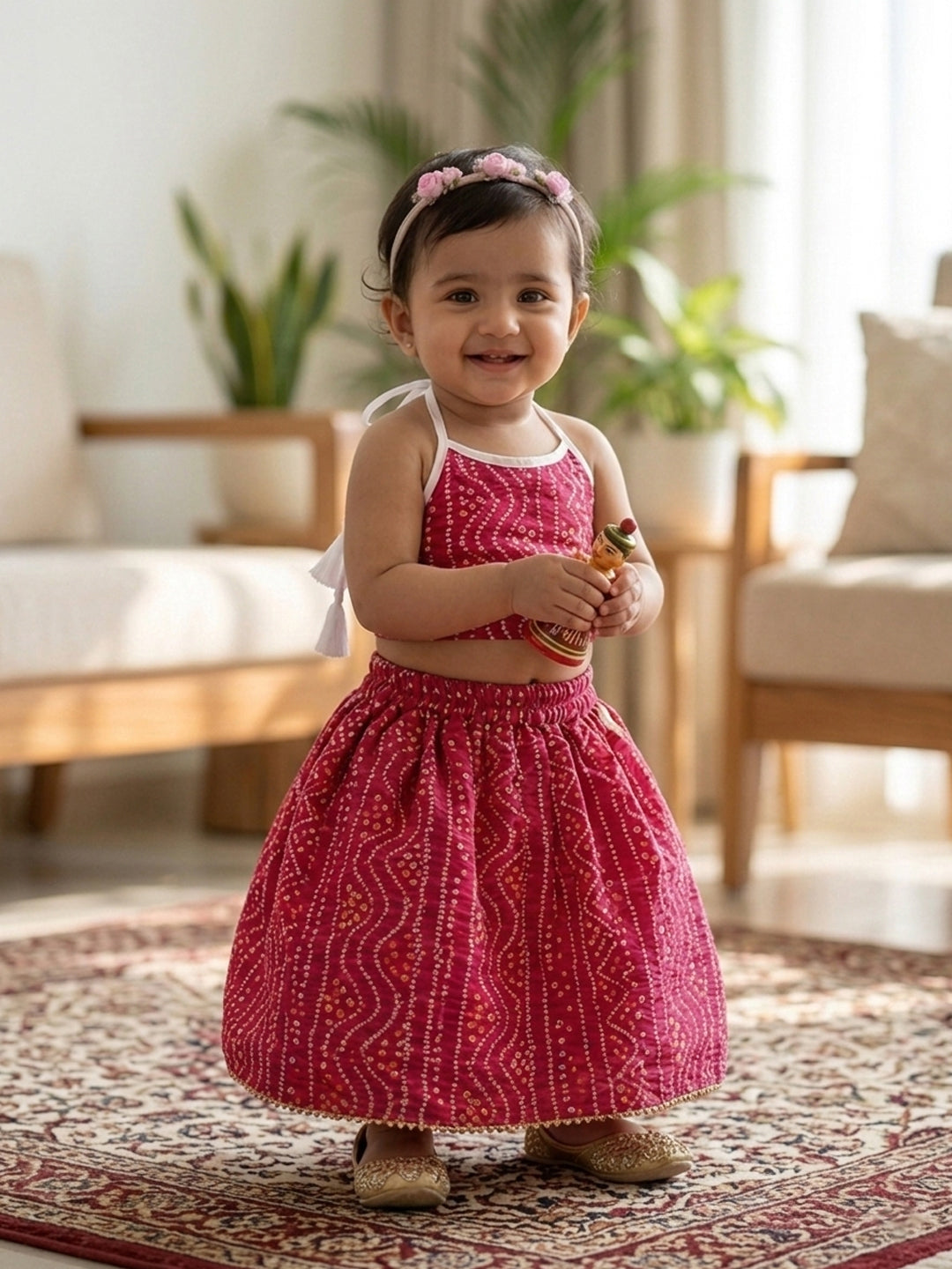 Pink bandhani  printed  sleeveless lehenga set