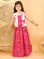 Pink bandhani  printed  sleeveless lehenga set with mirror work jacket