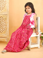 Pink bandhani  printed  sleeveless lehenga set with mirror work jacket