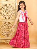 Pink bandhani  printed  sleeveless lehenga set with mirror work jacket