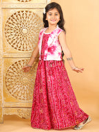 Pink bandhani  printed  sleeveless lehenga set with mirror work jacket