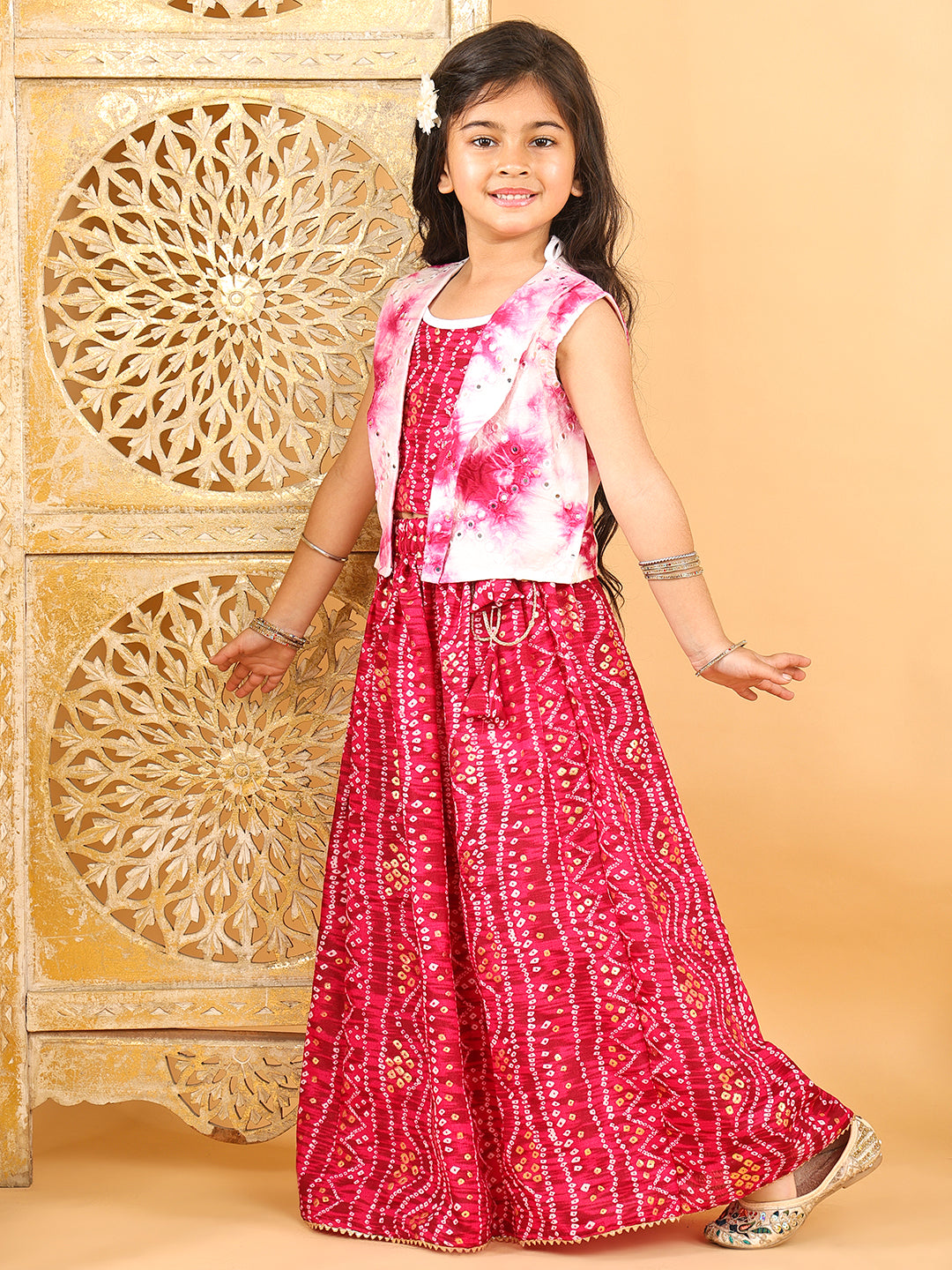 Pink bandhani  printed  sleeveless lehenga set with mirror work jacket