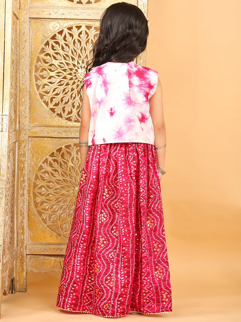 Pink bandhani  printed  sleeveless lehenga set with mirror work jacket