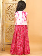 Pink bandhani  printed  sleeveless lehenga set with mirror work jacket