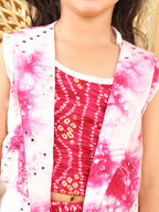 Pink bandhani  printed  sleeveless lehenga set with mirror work jacket