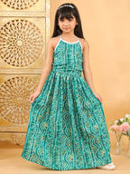 Green bandhani  printed  sleeveless lehenga set