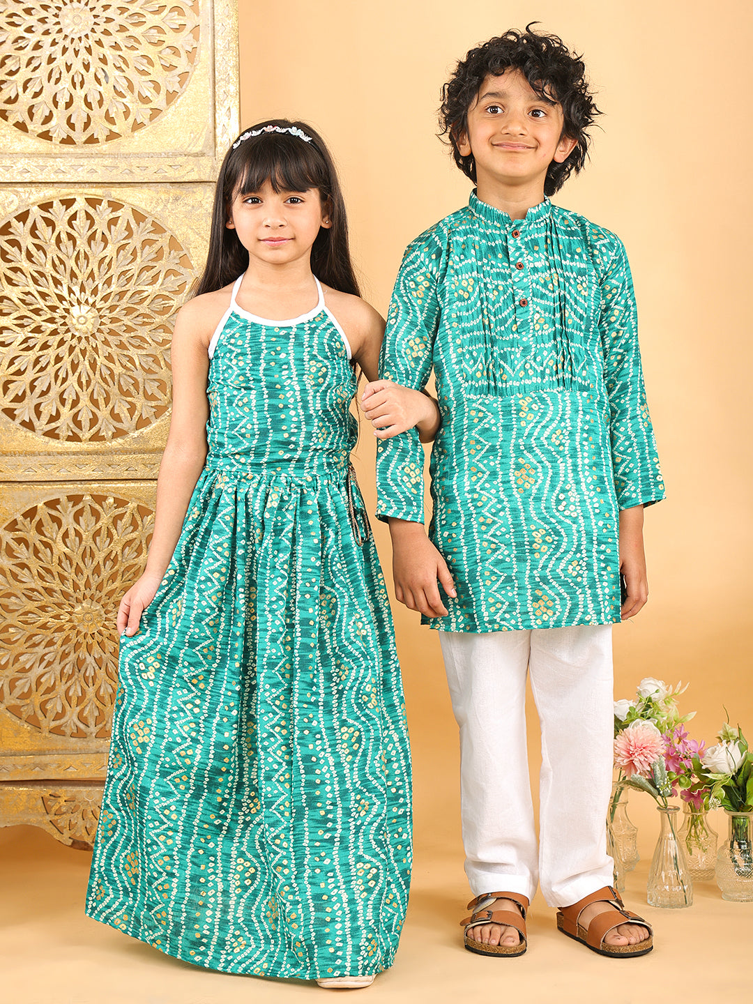 Green bandhani  printed  sleeveless lehenga set