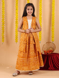 Yellow bandhani  printed lehenga with mirror work top and bandhani long jacket