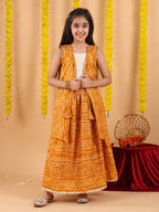 Yellow bandhani  printed lehenga with mirror work top and bandhani long jacket