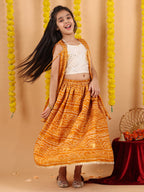 Yellow bandhani  printed lehenga with mirror work top and bandhani long jacket