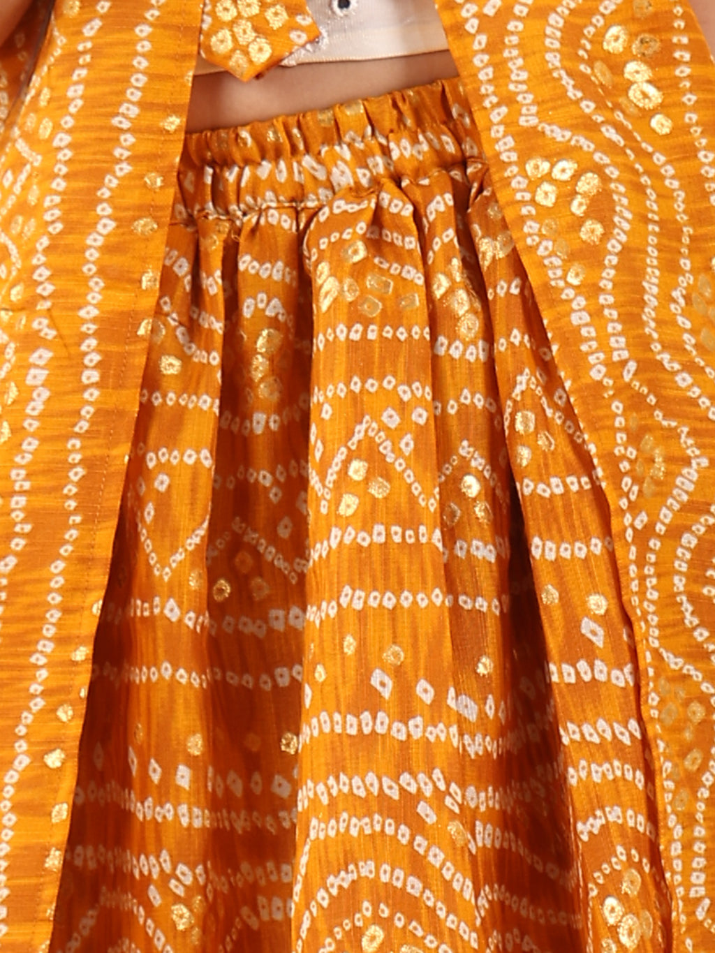 Yellow bandhani  printed lehenga with mirror work top and bandhani long jacket