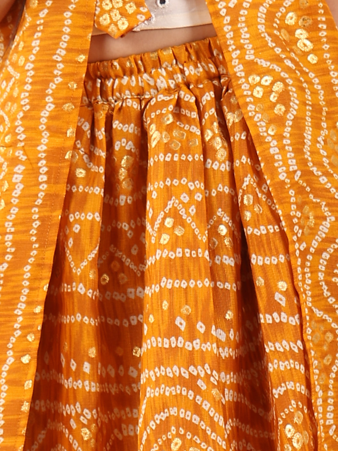Yellow bandhani  printed lehenga with mirror work top and bandhani long jacket