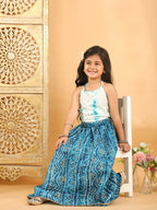 Blue bandhani  printed lehenga with mirror work top