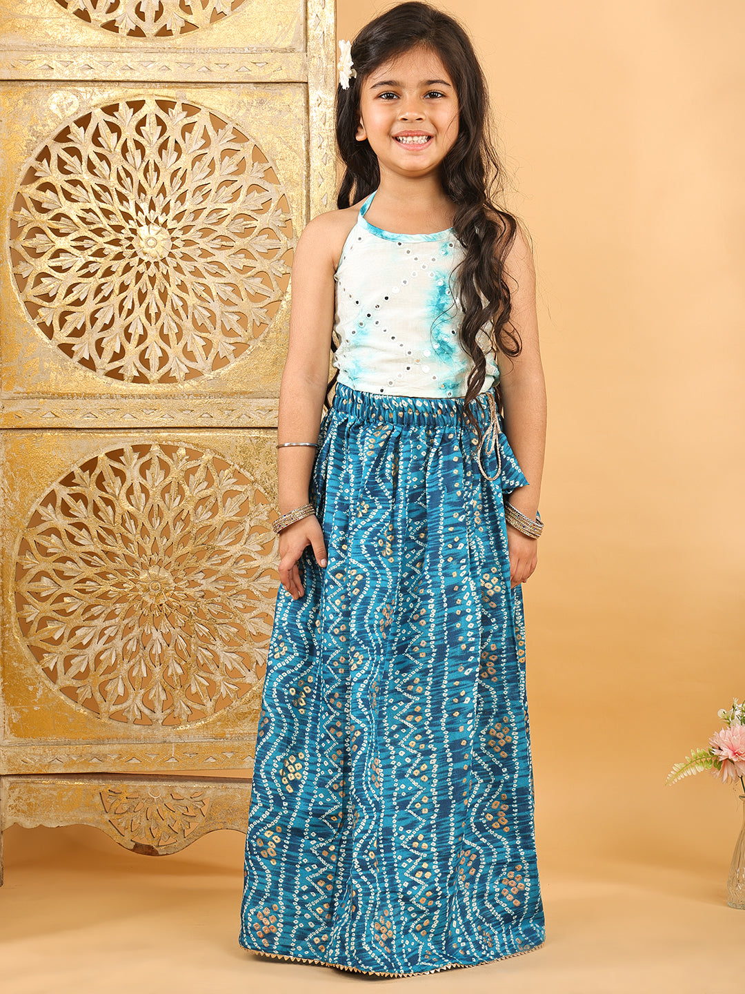 Blue bandhani  printed lehenga with mirror work top