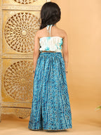 Blue bandhani  printed lehenga with mirror work top
