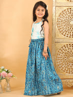 Blue bandhani  printed lehenga with mirror work top