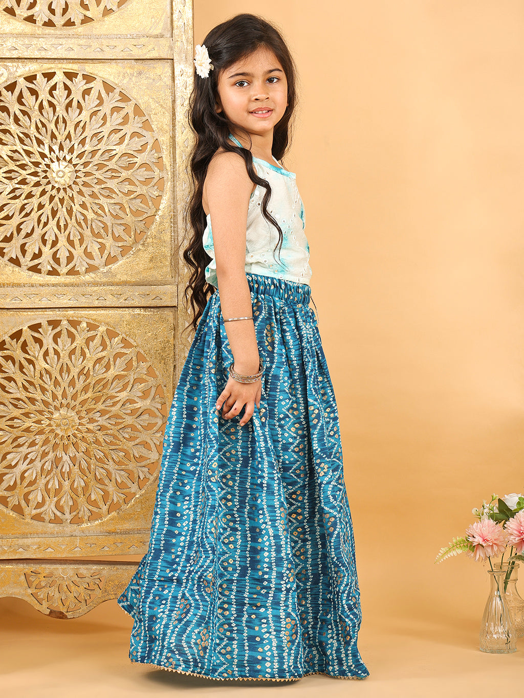 Blue bandhani  printed lehenga with mirror work top