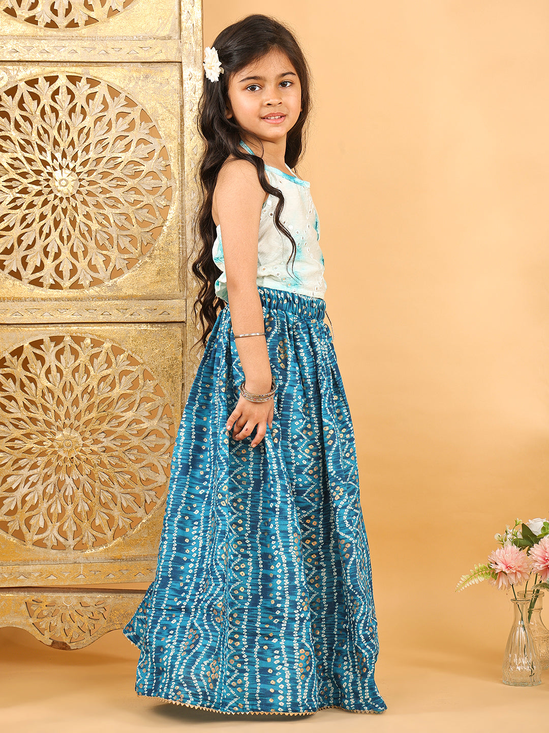 Blue bandhani  printed lehenga with mirror work top