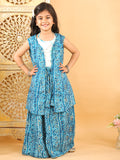 Blue bandhani  printed lehenga with mirror work top and bandhani long jacket