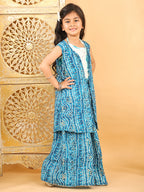 Blue bandhani  printed lehenga with mirror work top and bandhani long jacket