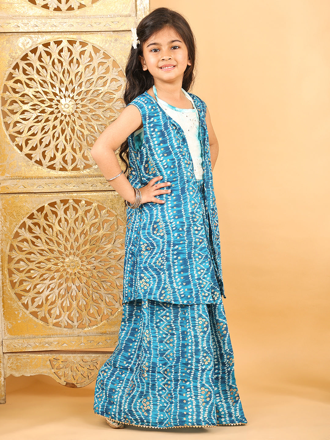 Blue bandhani  printed lehenga with mirror work top and bandhani long jacket