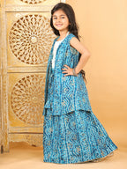 Blue bandhani  printed lehenga with mirror work top and bandhani long jacket