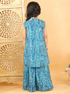 Blue bandhani  printed lehenga with mirror work top and bandhani long jacket