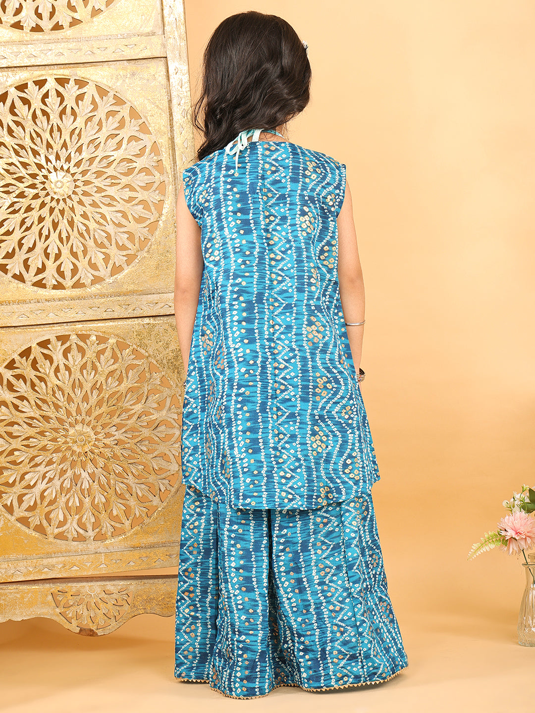 Blue bandhani  printed lehenga with mirror work top and bandhani long jacket