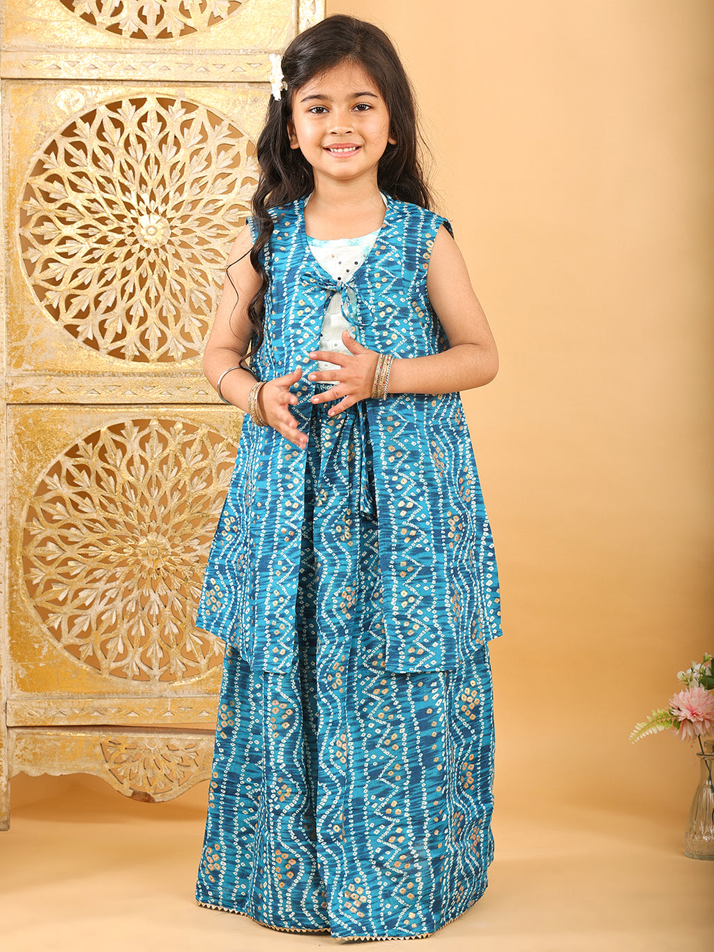 Blue bandhani  printed lehenga with mirror work top and bandhani long jacket