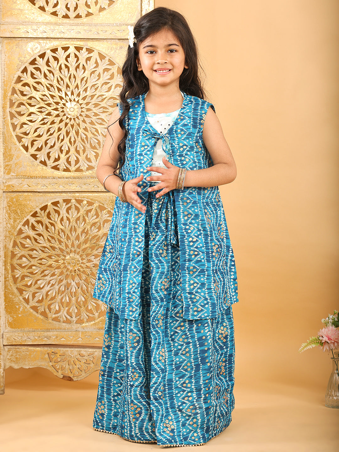 Blue bandhani  printed lehenga with mirror work top and bandhani long jacket