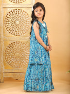 Blue bandhani  printed lehenga with mirror work top and bandhani long jacket
