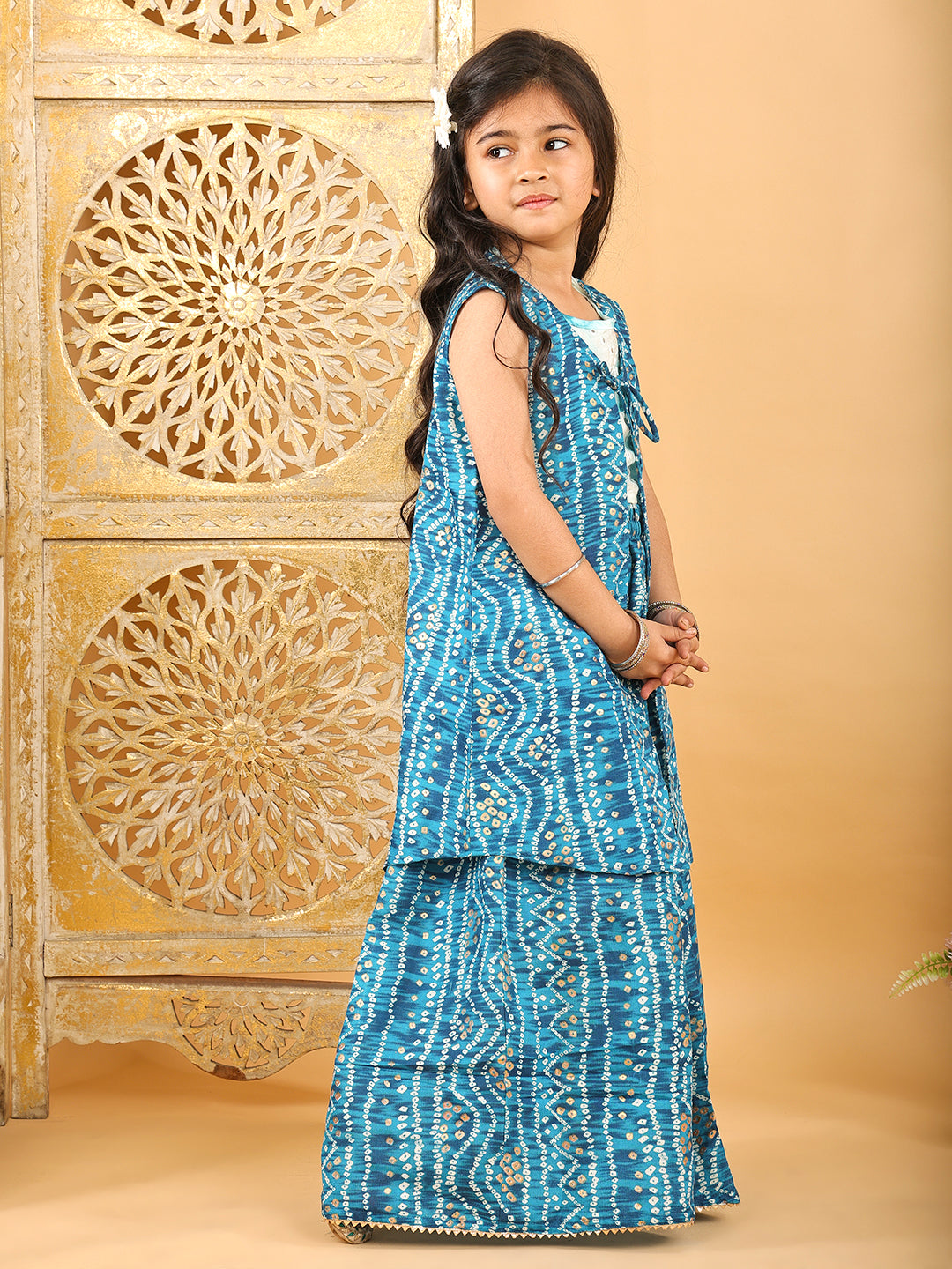 Blue bandhani  printed lehenga with mirror work top and bandhani long jacket