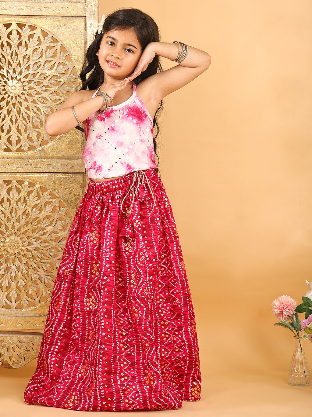 Pink bandhani  printed lehenga with mirror work top