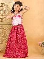 Pink bandhani  printed lehenga with mirror work top