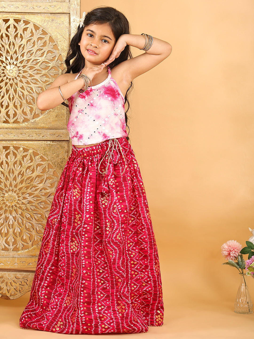Pink bandhani  printed lehenga with mirror work top
