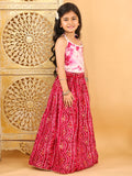 Pink bandhani  printed lehenga with mirror work top