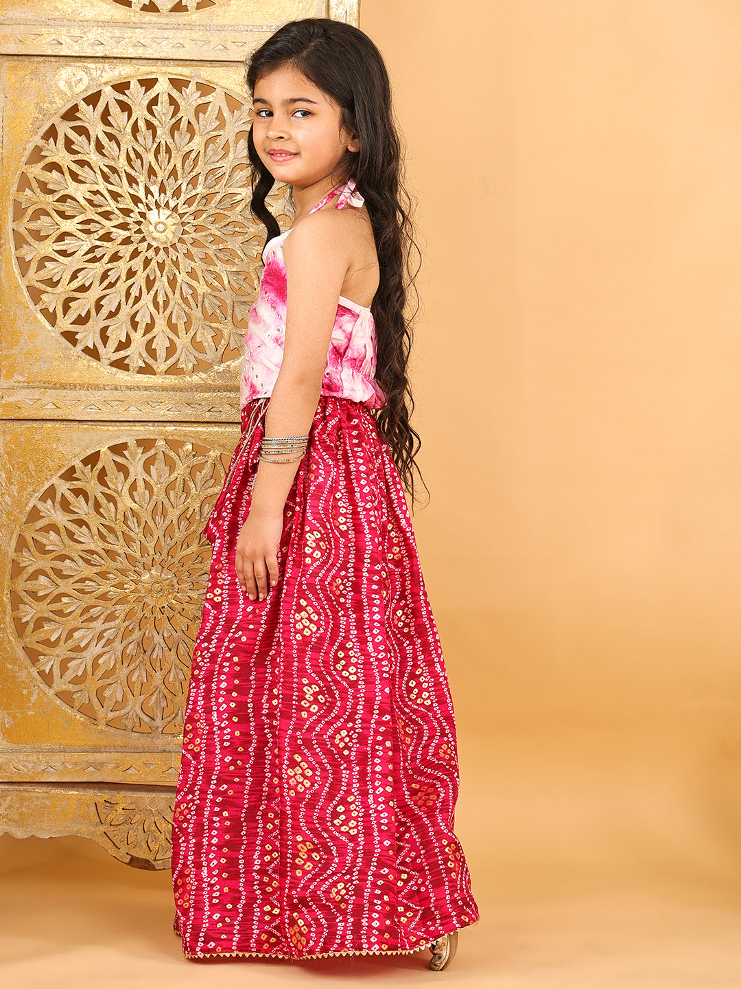 Pink bandhani  printed lehenga with mirror work top