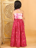Pink bandhani  printed lehenga with mirror work top