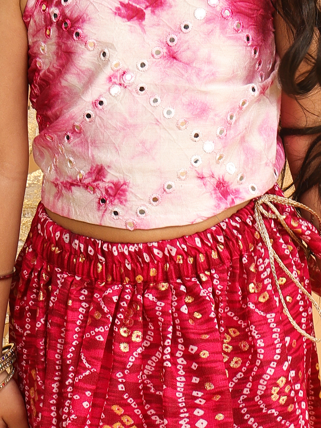 Pink bandhani  printed lehenga with mirror work top