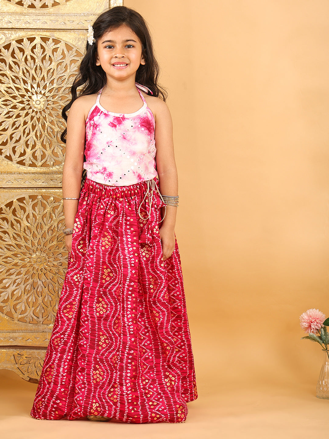 Pink bandhani  printed lehenga with mirror work top